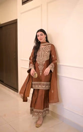 Lovely Brown Chinon Silk Embroidery Work Palazzo Suit